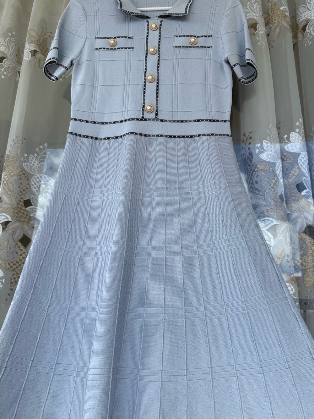 Alexia Admor Light Blue Knit Fit-and-Flare Dress with Pearl Buttons